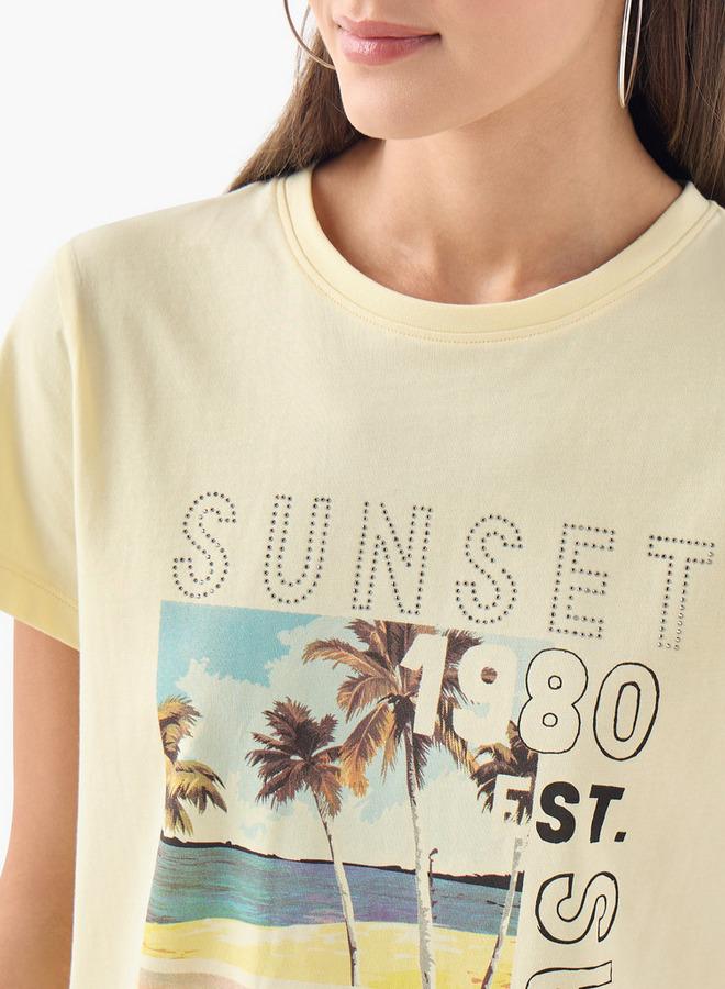 سبلاش فيڤ تيشيرت مطبوع مزخرف بأكمام قصيرة ورقبة دائرية - Image 4