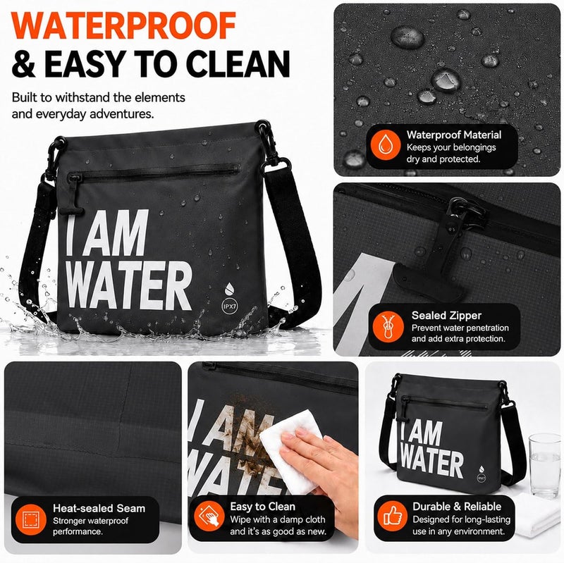 UOEPOWA IPX7 Waterproof Dry Bag with Touchscreen Phone Pocket Floating Airtight Shoulder Bag with Card Slots Wear-Resistant Material For Swimming, Kayaking, Rafting, Cycling, Black, Minimal - Image 3