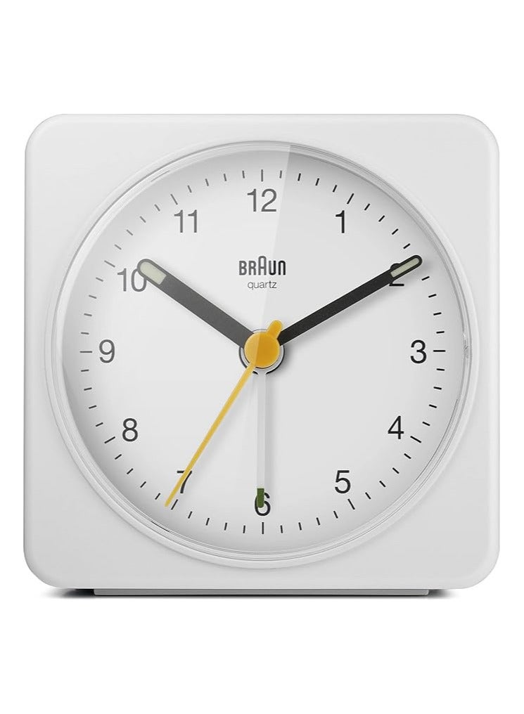 Braun Classic Analogue Clock with Snooze and Light, Quiet Quartz Sweeping Movement, Crescendo Beep Alarm in White, Model BC03W, Brown