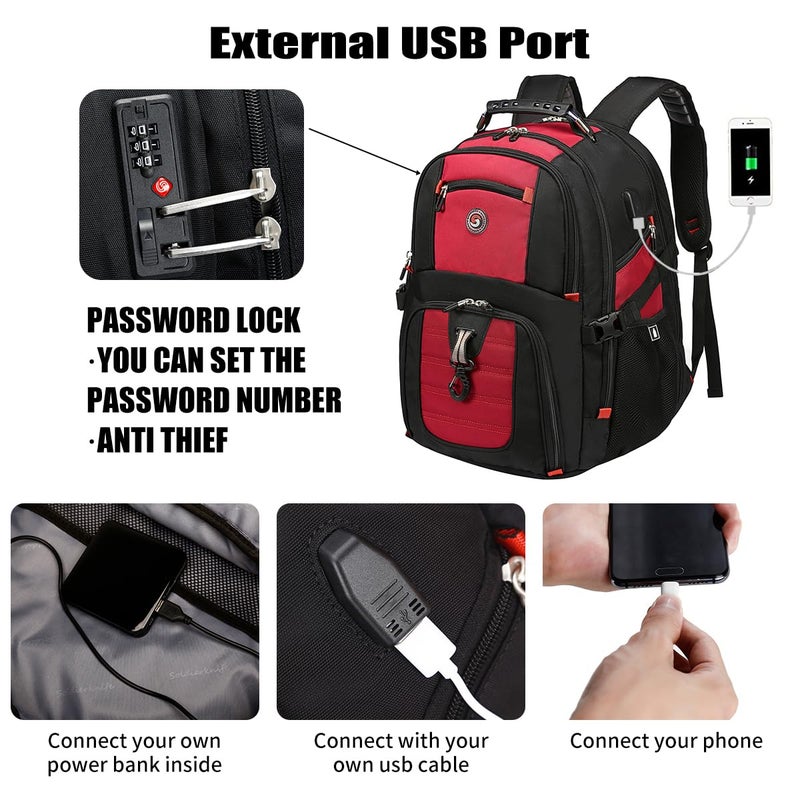 SHRRADOO Extra Large 50L Travel Laptop Backpack with USB Charging Port, College High School Backpack Airline Approved Business Work Bag Fit 17 Inch Laptops for Men Women,Red - Image 2