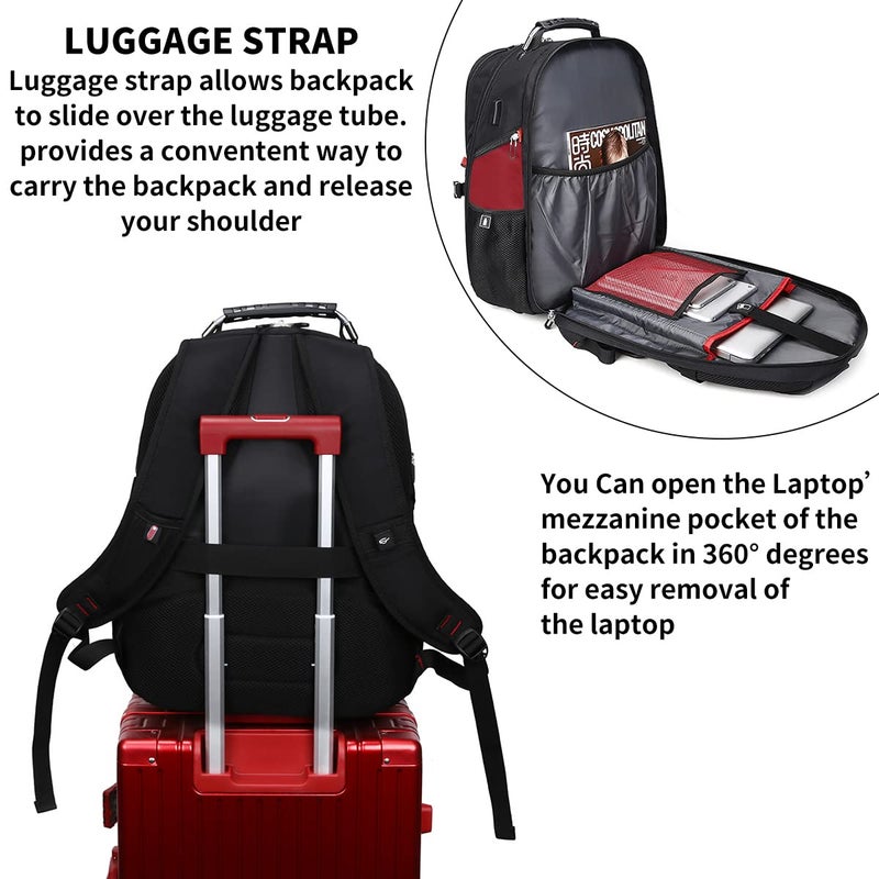 SHRRADOO Extra Large 50L Travel Laptop Backpack with USB Charging Port, College High School Backpack Airline Approved Business Work Bag Fit 17 Inch Laptops for Men Women,Red - Image 4