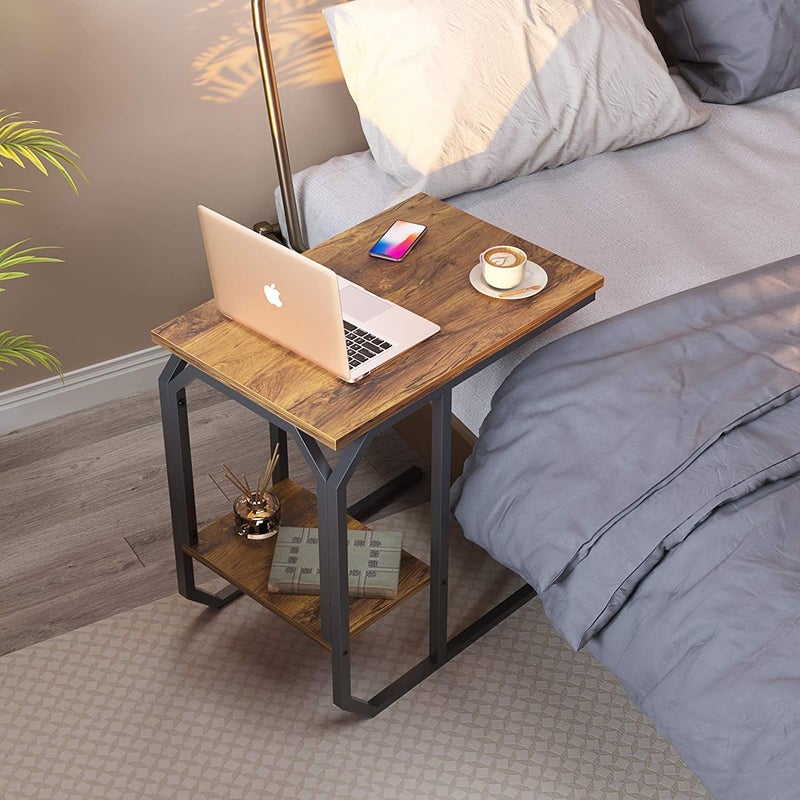 INDIAN DECOR 41347 End TableC Shaped Side Table with Wooden Shelf Metal Frame Nightstand for Living Room Bedroom Sofa Couch Black - Image 4