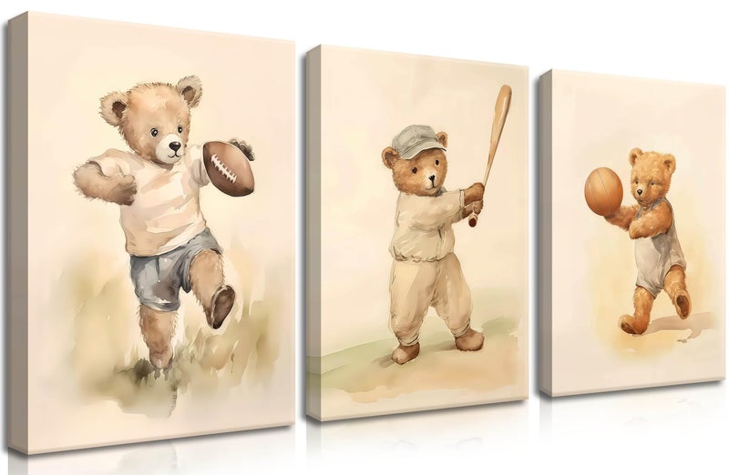 BGFCE Bear Rugby Sports Nursery Canvas Wall Art Set of 3 - Cute Vintage Baby Bear Pictures Paintings Poster Prints, Nursery Animal Wall Decor for Children Bedroom Boy Room Decoration 12x16 inch Framed - Image 1