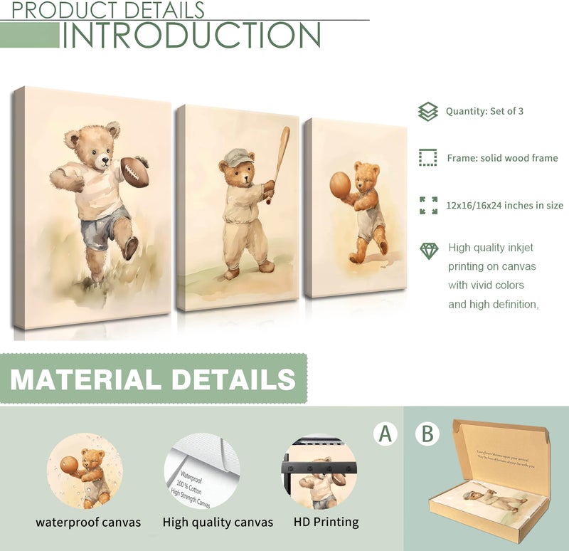 BGFCE Bear Rugby Sports Nursery Canvas Wall Art Set of 3 - Cute Vintage Baby Bear Pictures Paintings Poster Prints, Nursery Animal Wall Decor for Children Bedroom Boy Room Decoration 12x16 inch Framed - Image 5
