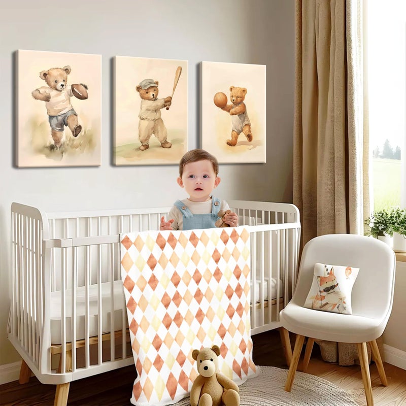 BGFCE Bear Rugby Sports Nursery Canvas Wall Art Set of 3 - Cute Vintage Baby Bear Pictures Paintings Poster Prints, Nursery Animal Wall Decor for Children Bedroom Boy Room Decoration 12x16 inch Framed - Image 2