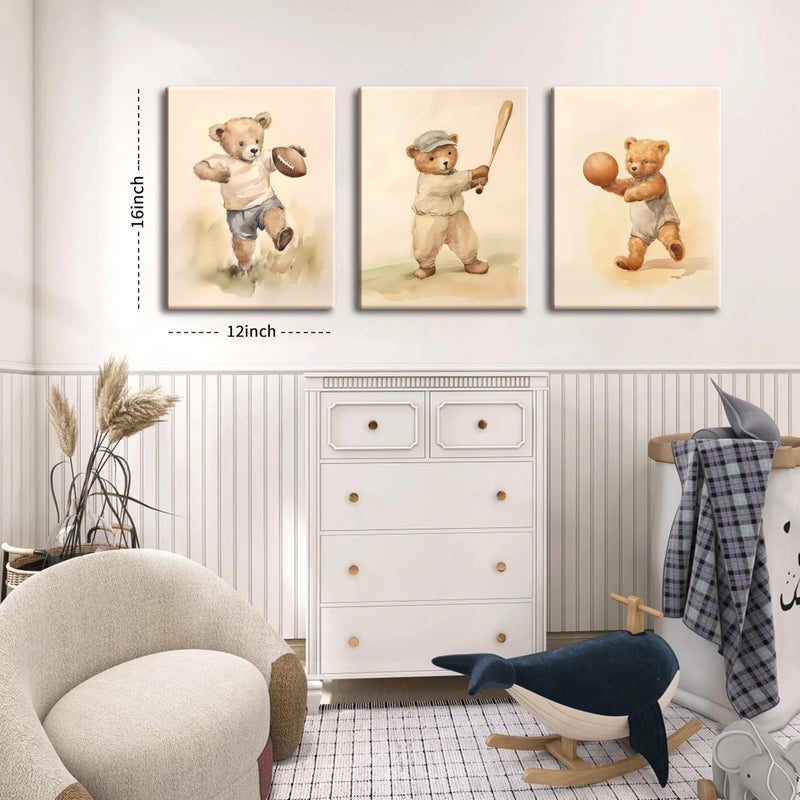 BGFCE Bear Rugby Sports Nursery Canvas Wall Art Set of 3 - Cute Vintage Baby Bear Pictures Paintings Poster Prints, Nursery Animal Wall Decor for Children Bedroom Boy Room Decoration 12x16 inch Framed - Image 3