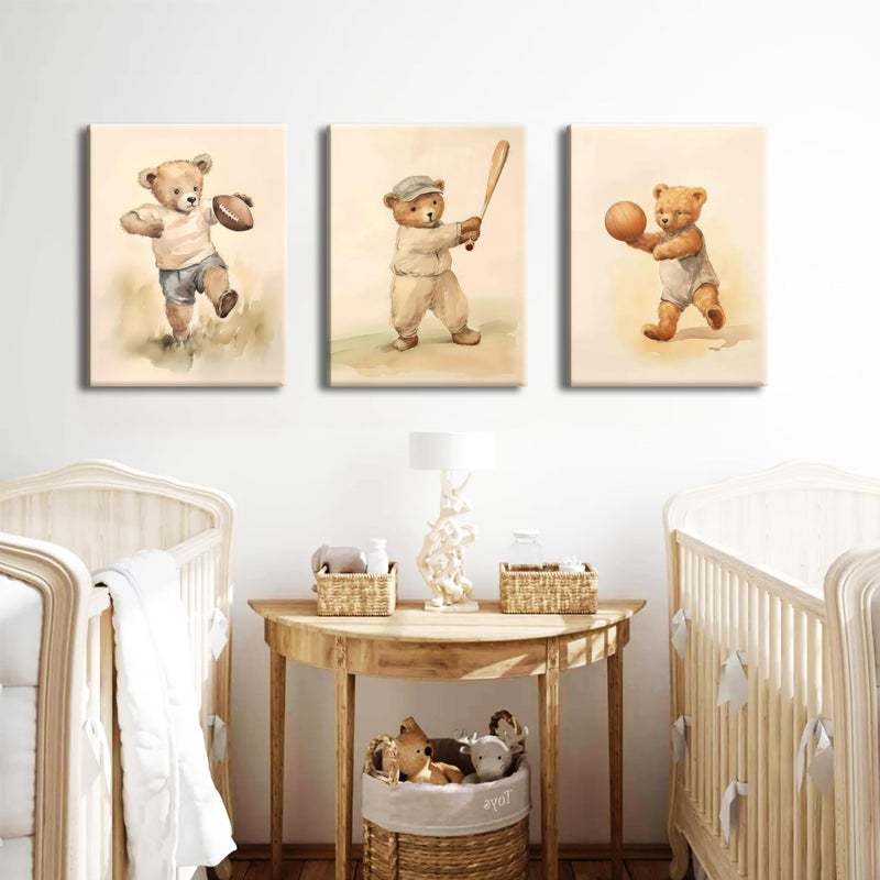 BGFCE Bear Rugby Sports Nursery Canvas Wall Art Set of 3 - Cute Vintage Baby Bear Pictures Paintings Poster Prints, Nursery Animal Wall Decor for Children Bedroom Boy Room Decoration 12x16 inch Framed - Image 4