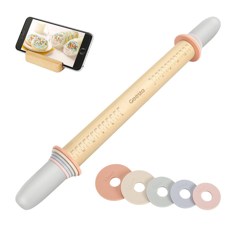 Geesta Adjustable Wood Rolling Pin with 5 Thickness Rings Precise Dough Roller Handle Press Design with Measurement Guide for Fondant Pizza Pie Crust Cookie Pastry Baking Decorating Accessories