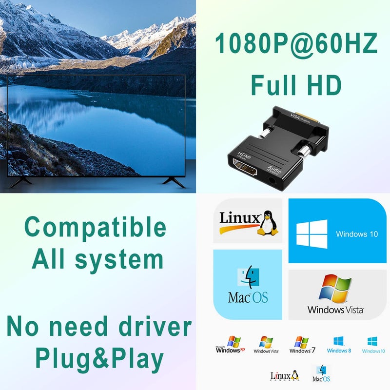 SZJUNXIAO RuhZa HDMI to VGA Adapter Converter with 3.5mm Stereo Audio, Active Female HDMI to VGA Male 1080p Video Dongle Adaptor for Laptop PC PS3 Xbox STB Blu-ray DVD TV Stick Roku(Pack of 1) - Image 3