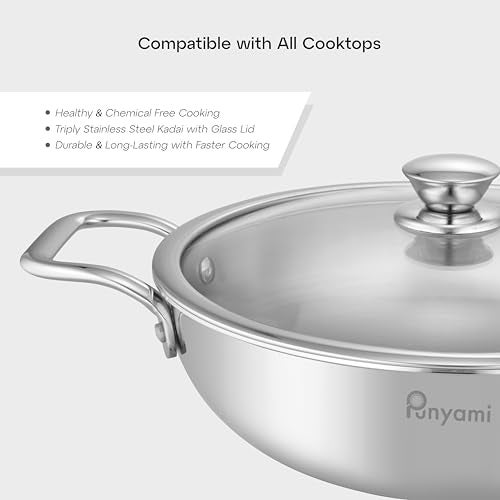 Punyami Triply Stainless Steel Kadai with Glass Lid, 24cm, 2.7 Litre Capacity | Kadai for Deep Frying & Cooking | Induction Base, Riveted Handles, Chemical-Free & Non-Toxic | 5 Years Warranty - Image 5