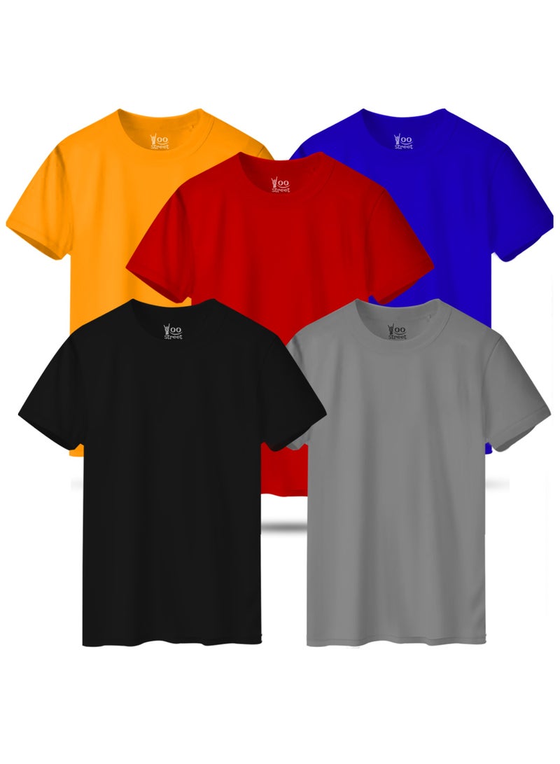 Yoo Street Bundle of 5 Classic T-Shirts -BLACK GREEN YELLOW BLUE NAVY BLUE
