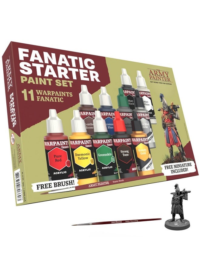 The Army Painter - The Army Painter Warpaints Fanatic: Starter Set Combo, 11 paints: 7 acrylic colours, 2 Metallics, 1 Wash, 1 Brush-On Primer, 1 Basecoating Brush, Plus 1 Free Miniature figure and Starter Brush - Image 1