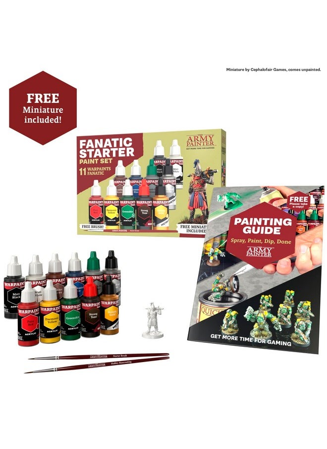 The Army Painter - The Army Painter Warpaints Fanatic: Starter Set Combo, 11 paints: 7 acrylic colours, 2 Metallics, 1 Wash, 1 Brush-On Primer, 1 Basecoating Brush, Plus 1 Free Miniature figure and Starter Brush - Image 1