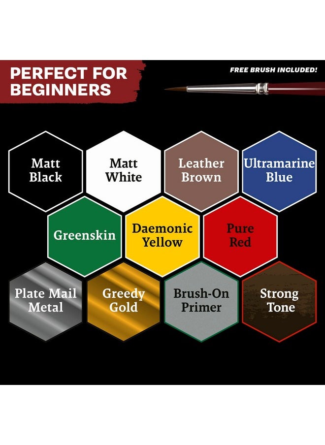 The Army Painter - The Army Painter Warpaints Fanatic: Starter Set Combo, 11 paints: 7 acrylic colours, 2 Metallics, 1 Wash, 1 Brush-On Primer, 1 Basecoating Brush, Plus 1 Free Miniature figure and Starter Brush - Image 1
