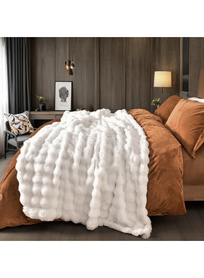 PHF Luxury Faux Rabbit Fur Blanket Twin Size, Ultra Soft Fluffy Plush Cozy Warm Bubble Blanket for Bed, Couch, Chair, Sofa Decorative, Thick Reversible Suitable for Fall & Winter, 60" x 80", White