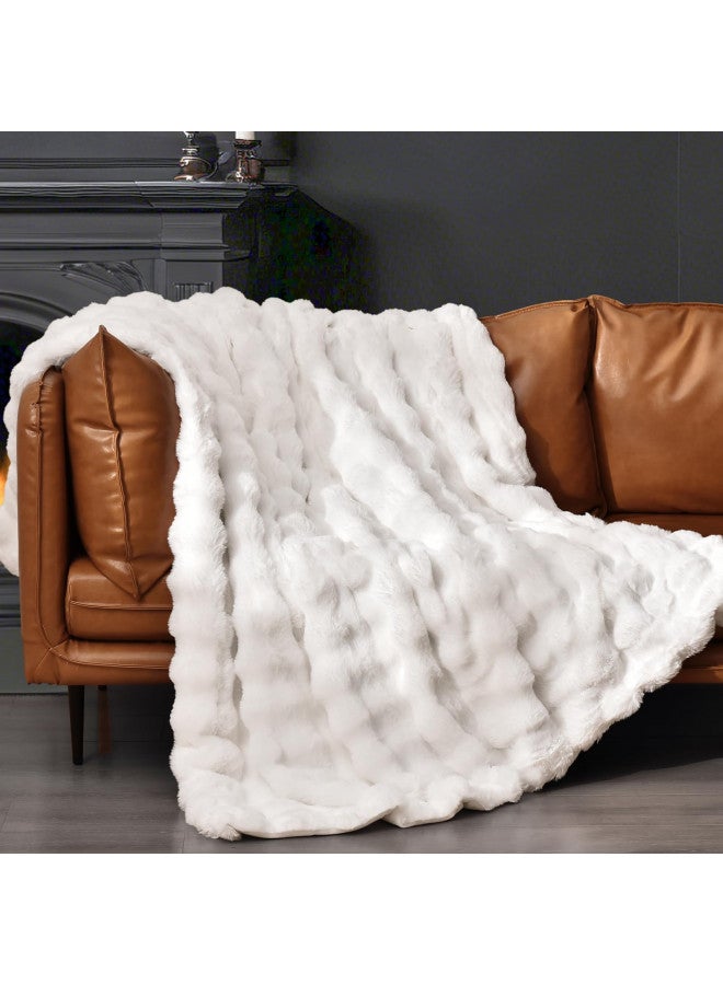 PHF Luxury Faux Rabbit Fur Blanket Twin Size, Ultra Soft Fluffy Plush Cozy Warm Bubble Blanket for Bed, Couch, Chair, Sofa Decorative, Thick Reversible Suitable for Fall & Winter, 60" x 80", White