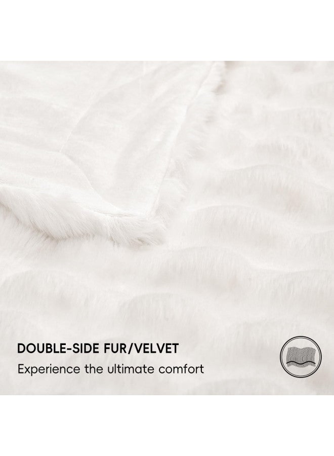 PHF Luxury Faux Rabbit Fur Blanket Twin Size, Ultra Soft Fluffy Plush Cozy Warm Bubble Blanket for Bed, Couch, Chair, Sofa Decorative, Thick Reversible Suitable for Fall & Winter, 60" x 80", White
