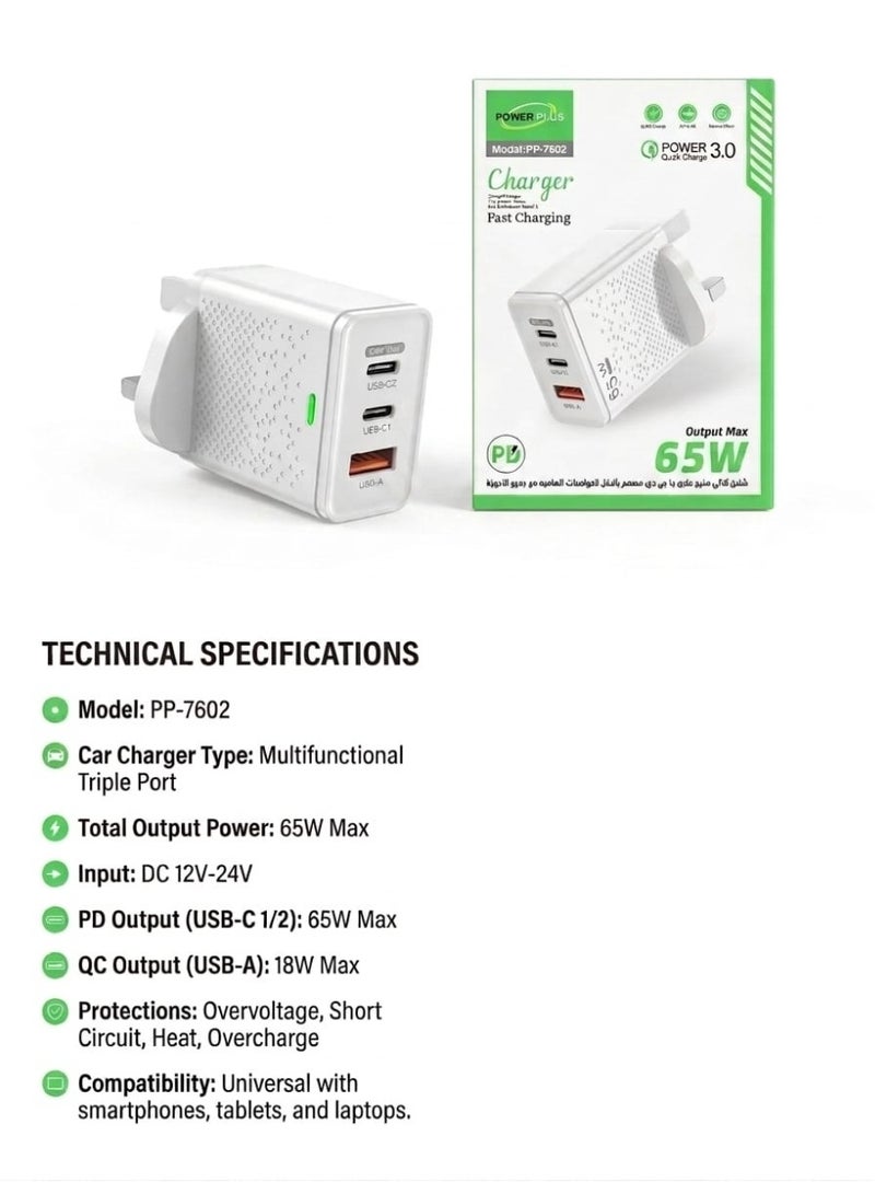 POWER PLUS PP-7602 65W PD Wall Charger with Dual USB-C and USB-A Ports - Image 2