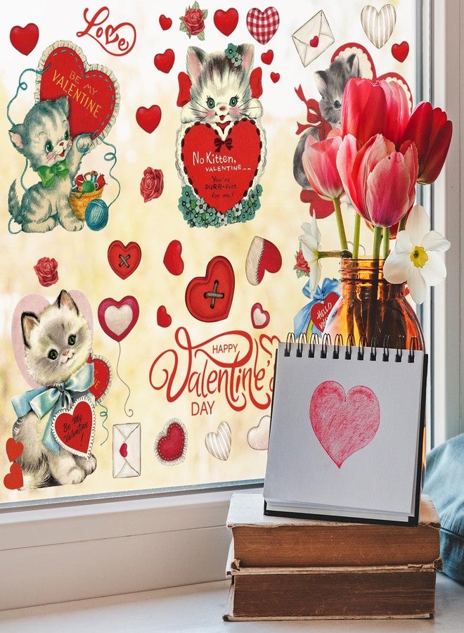 وولاين ملصقات نوافذ عيد الحب من والين، ملصقات زجاجية كبيرة مزدوجة الجوانب بتصميم قطة وقلب عتيق، مثالية لتزيين حفلات الزفاف والذكرى السنوية، 8 أوراق - Image 3