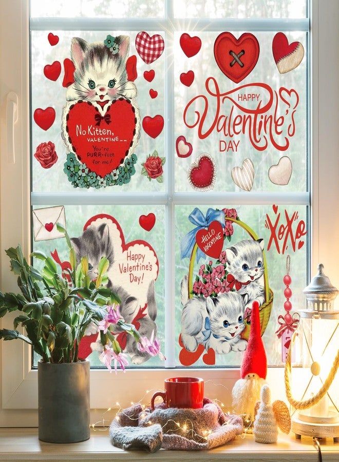 وولاين ملصقات نوافذ عيد الحب من والين، ملصقات زجاجية كبيرة مزدوجة الجوانب بتصميم قطة وقلب عتيق، مثالية لتزيين حفلات الزفاف والذكرى السنوية، 8 أوراق - Image 2
