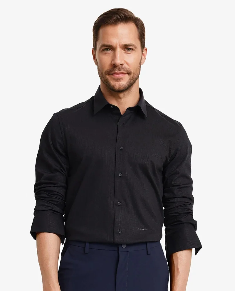 Rare Rabbit Rare Rabbit Men's Auxon Black Polyester Cotton Fabric Blend Full Sleeve Regular Fit Solid Textured Shirt