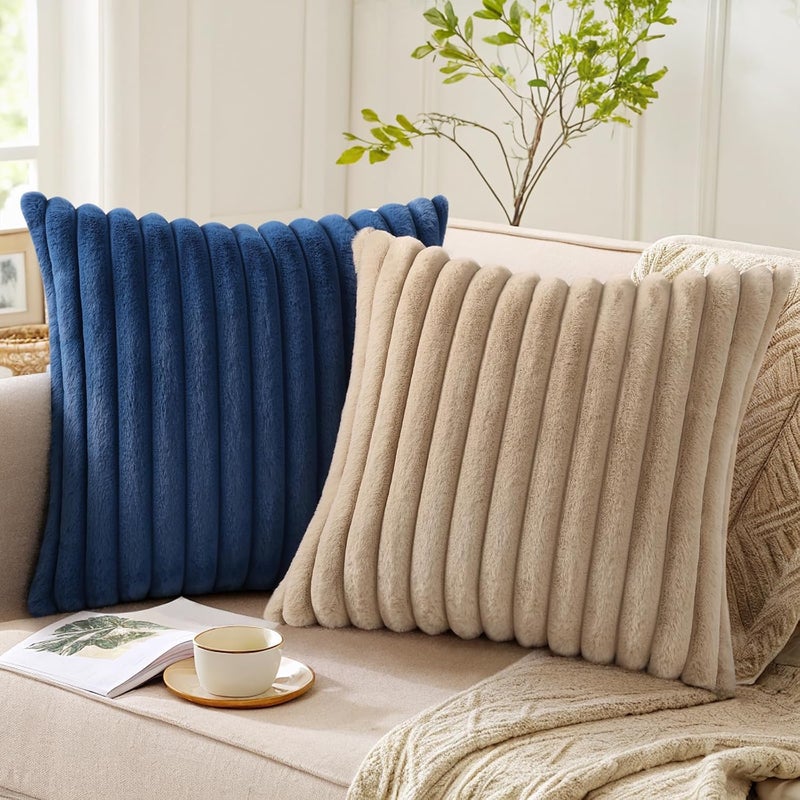 Pallene Faux Fur Plush Throw Pillow Covers 26x26 Set of 2, Luxury Soft Fluffy Striped Decorative Pillow Covers for Sofa, Couch, Living Room, Navy Blue - Image 5