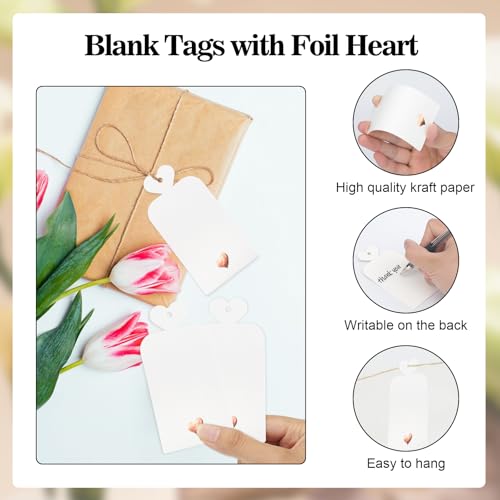joycraft 100pcs Blank Gift Tags with String, 4x2 in White Paper Tags with Foil Rose Gold Heart, Personalized Gift Wrapping Labels for Birthday, Baby Shower, Wedding, Valentine's Day - Image 3