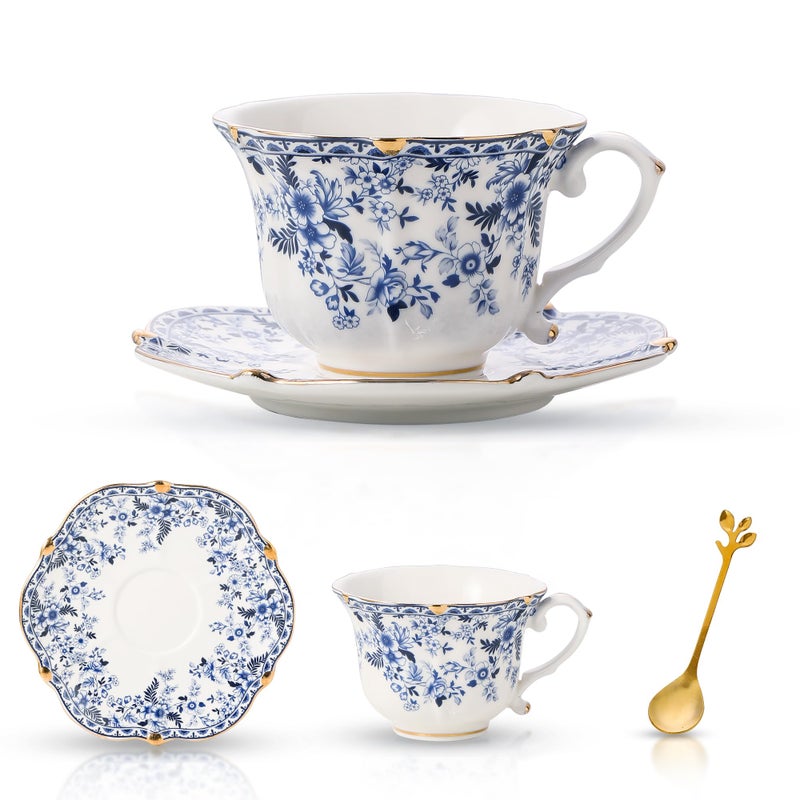 TATSUMI Country Roses Bone China Tea Cup and Saucer Set, 3 Pieces, Vintage Style, For Women and Tea Parties(QH,1 Set) - Image 1