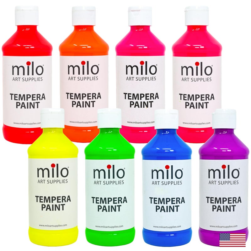 milo Fluorescent Neon Washable Paint 8 oz Bottles 8 Colors Made in the USA Glows UV in Black Light Safe NonToxic Tempera Paint for Art Craft Poster Window Classroom School - Image 2