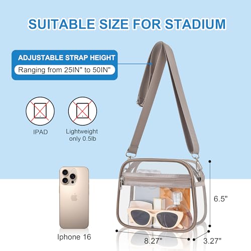 Busiuw Clear Bag for Stadium Events - Stadium Approved Small Mini Clear Purse with Wide Adjustable Strap, Men's Shoulder Bag for Sports Concerts, Festivals(Khaki) - Image 3