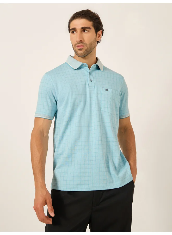 فورت كولينز Fort Collins Men Blue Checked Pocket Detail Polo T-Shirt