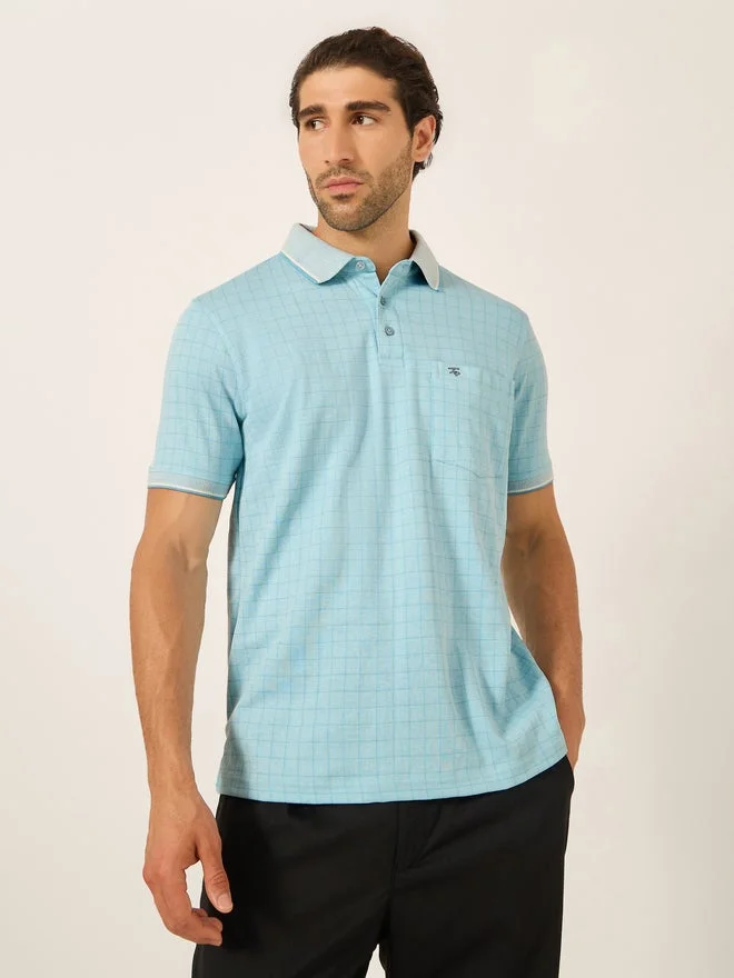 Fort Collins Fort Collins Men Blue Checked Pocket Detail Polo T-Shirt