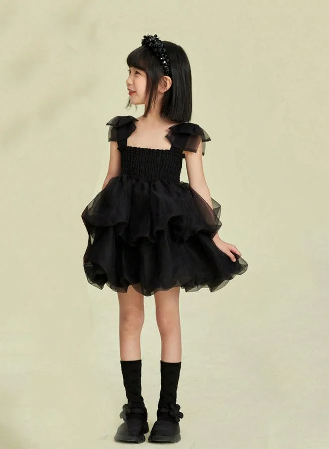Take Two Girls Solid Square Neck Ruffled Mesh Dress