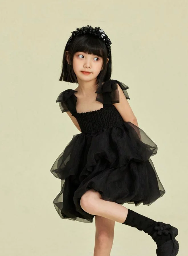 Take Two Girls Solid Square Neck Ruffled Mesh Dress