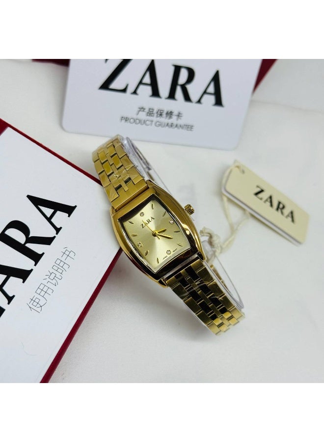 ZARA Luxury Women's Gold-Tone Barrel Watch | Gold Dial with Crystal Markers | Stainless Steel Bracelet