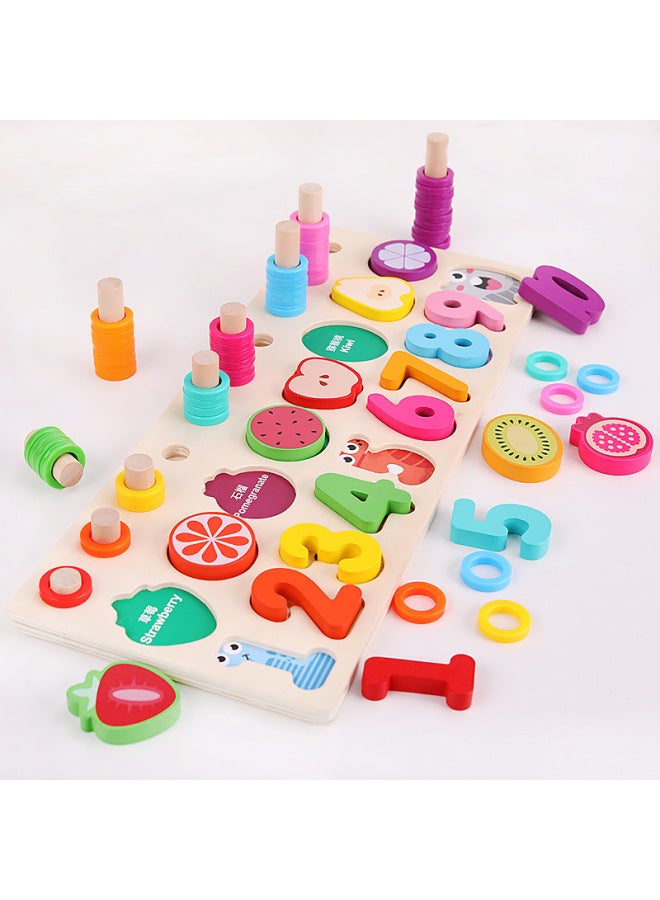 Educational Children's Toy Three-In-One Number Board Fruit Shape Matching Puzzle Wood Made Intelligent Plaything For Kids-Color:Rainbow Fruit Numbers - Image 1