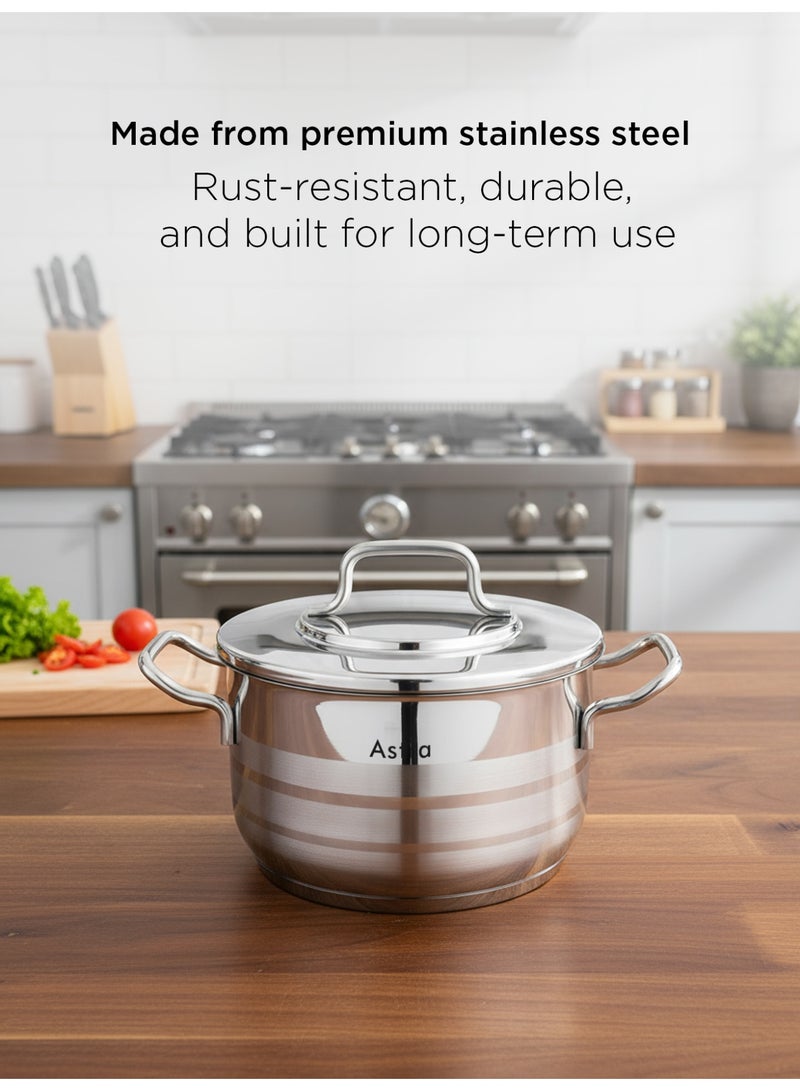 Astra قدر ستانلس ستيل 20×11 سم – سعة 3.5 لتر | فولاذ غذائي 18/10 Cr-Ni مع قاعدة ثلاثية الطبقات | تشطيب مرآة مع غطاء ومقابض قوية | متوافق مع الغاز، التحريض وجميع أسطح الطهي - Image 2
