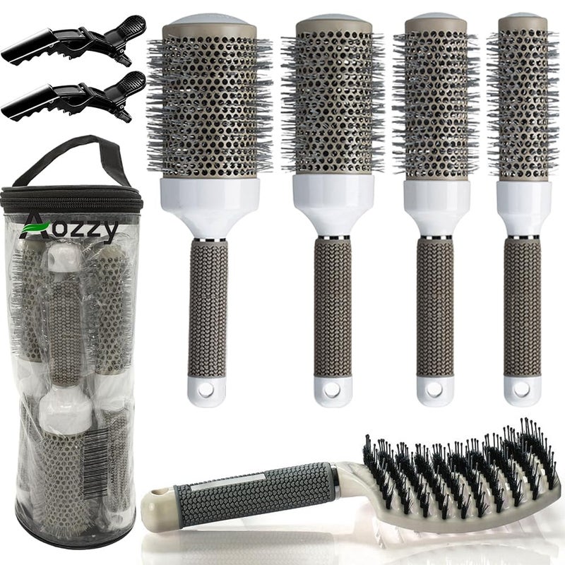 Round Brush Set for Blow Drying with Boar Bristle Vented Curved Detangling Hair Brush Thermal Ceramic  Ionic Tech Reduce Frizz Hair Makes Hair More Smooth and Shiny for Curling  Straightening