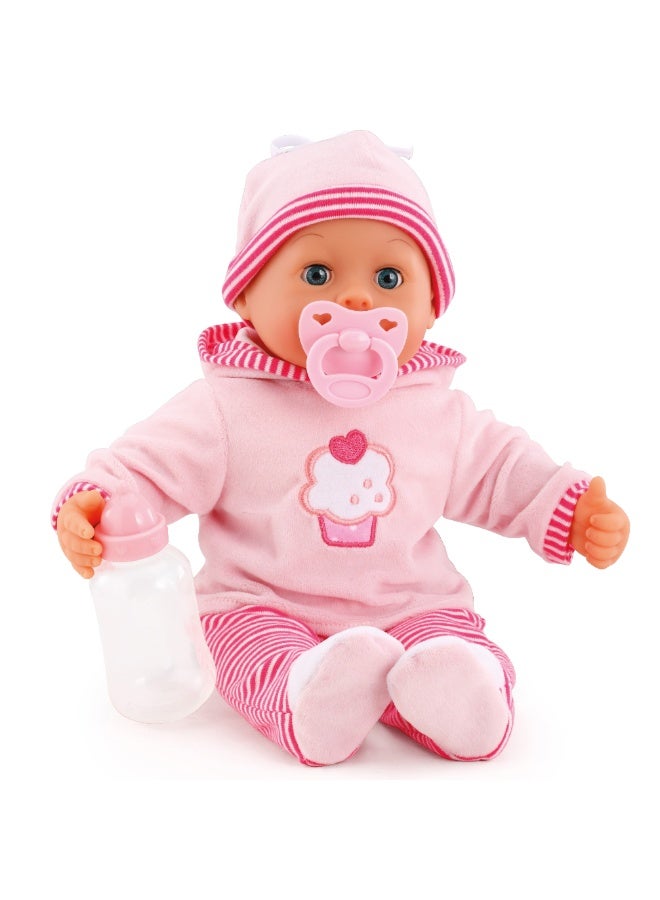 Bayer Design 93816AA Interactive baby doll, soft body, baby sounds, closing eyes, pacifier, bottle, 15 inch, pink with cupcake - Image 1
