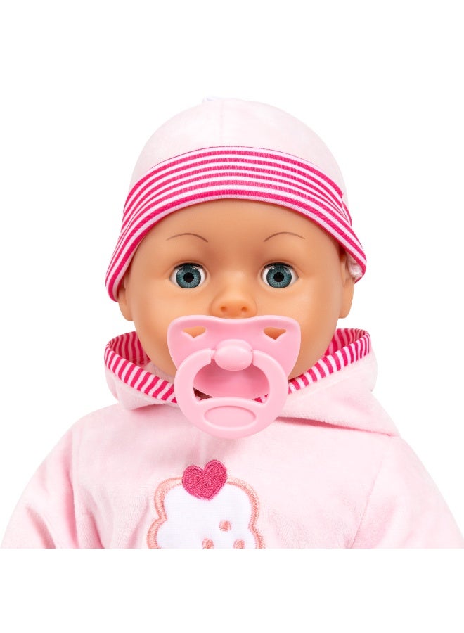 Bayer Design 93816AA Interactive baby doll, soft body, baby sounds, closing eyes, pacifier, bottle, 15 inch, pink with cupcake - Image 3