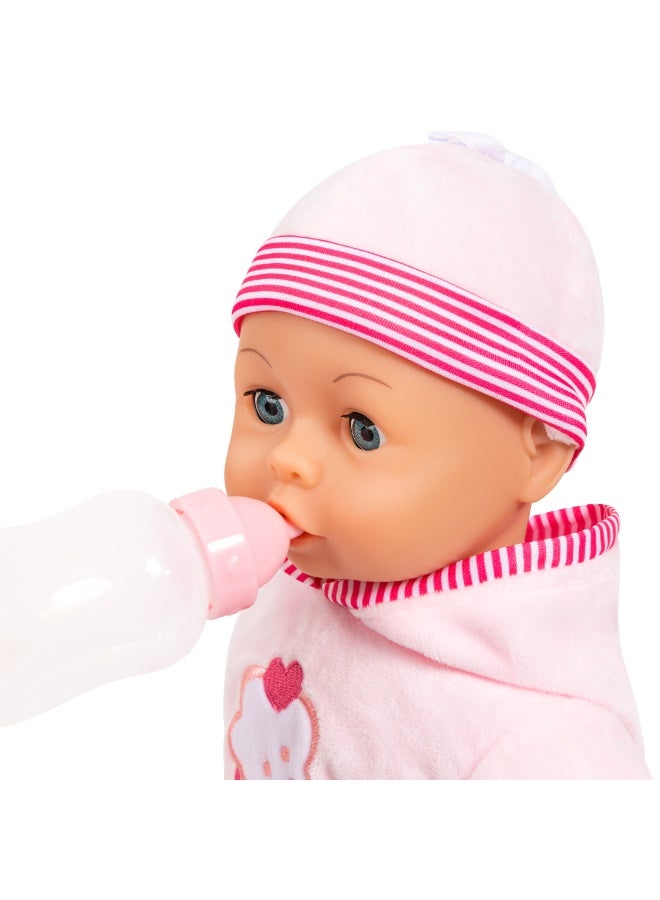 Bayer Design 93816AA Interactive baby doll, soft body, baby sounds, closing eyes, pacifier, bottle, 15 inch, pink with cupcake - Image 4