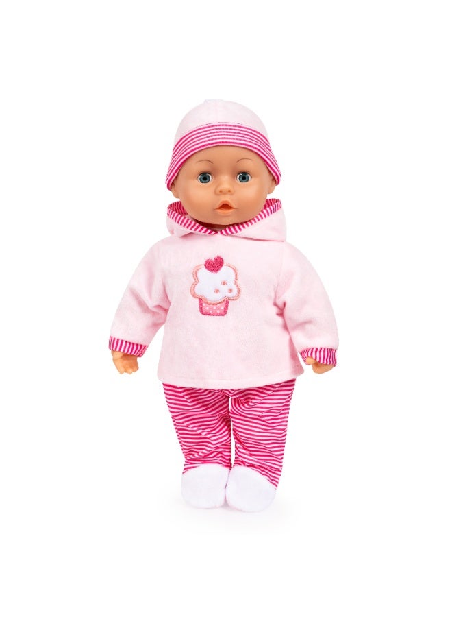 Bayer Design 93816AA Interactive baby doll, soft body, baby sounds, closing eyes, pacifier, bottle, 15 inch, pink with cupcake - Image 2