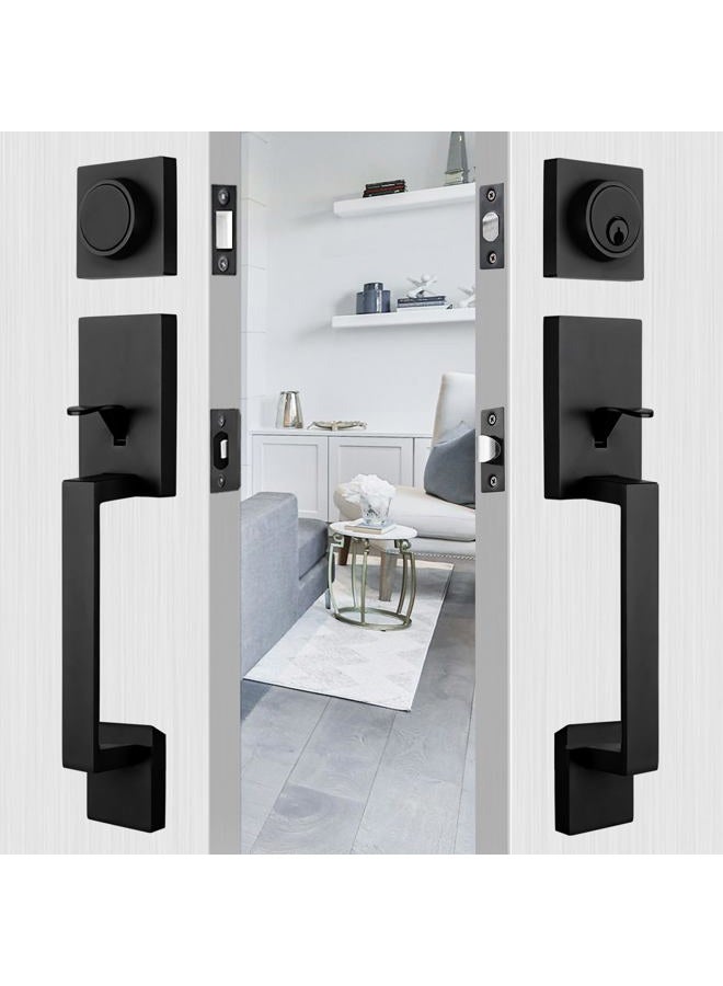 HISAFE Iron Black Double Door Handle Set for Front Entry Door, Halifax Keyed & Dummy Door Handleset with Square Deadbolt and Lever, 2 Keyed-Alike Single Cylinders, Reversible - Image 1