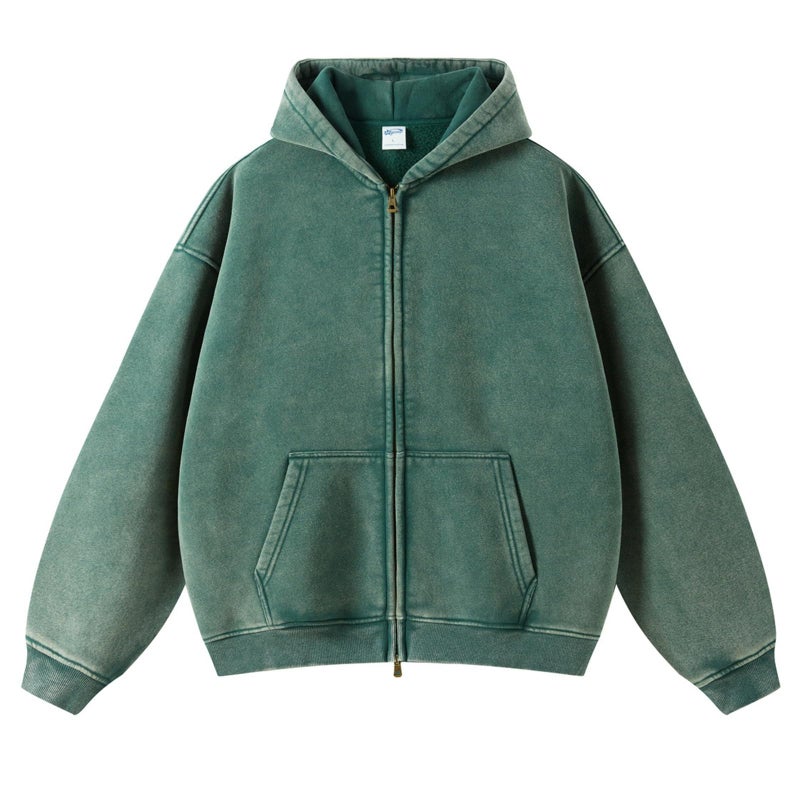 KEEPSHOWING Womens and Mens Zip Up Hoodies Long Sleeve Fall Oversized Sweatshirts Acid Wash Y2K Jacket with Pockets(Green M) - Image 1