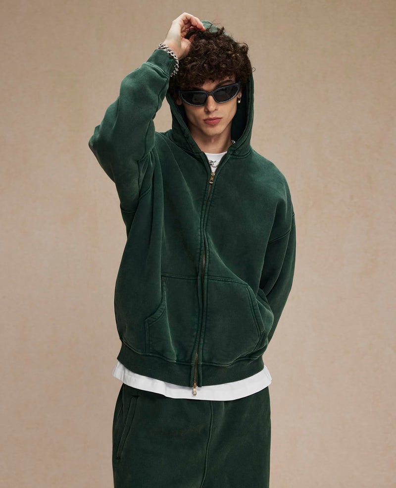 KEEPSHOWING Womens and Mens Zip Up Hoodies Long Sleeve Fall Oversized Sweatshirts Acid Wash Y2K Jacket with Pockets(Green M) - Image 2