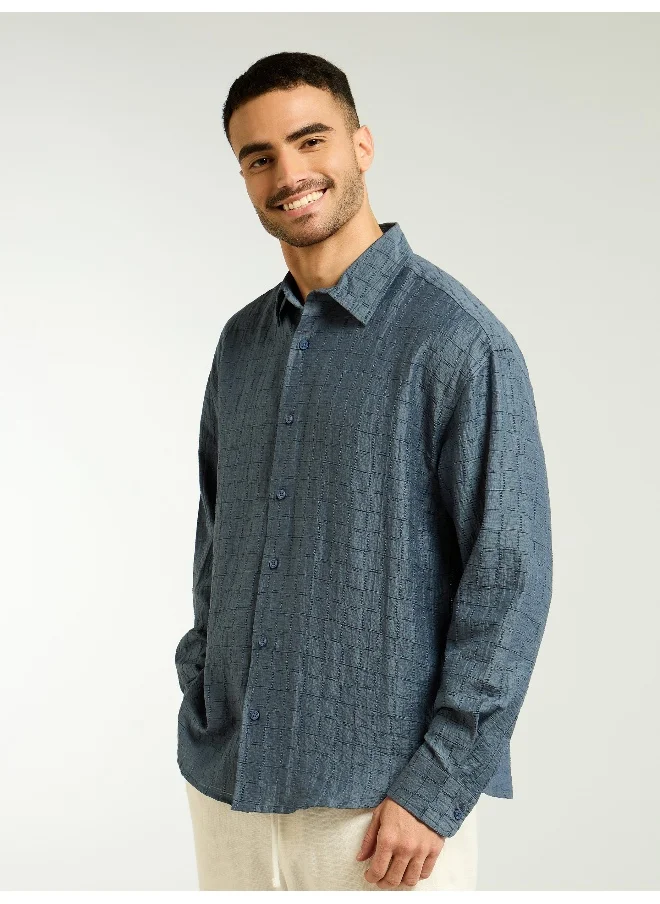 Beyoung Airforce Blue Textured Jacquard Shirt