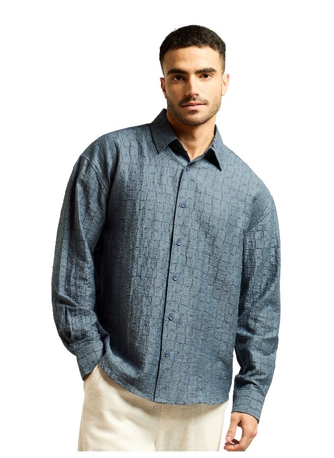 Beyoung Airforce Blue Textured Jacquard Shirt  - Image 1