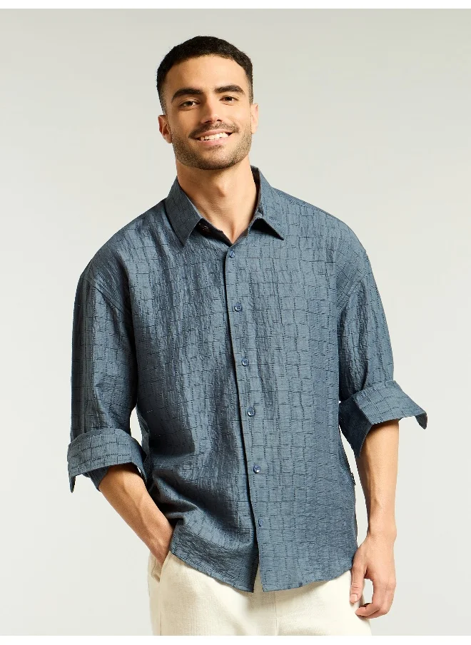 Beyoung Airforce Blue Textured Jacquard Shirt