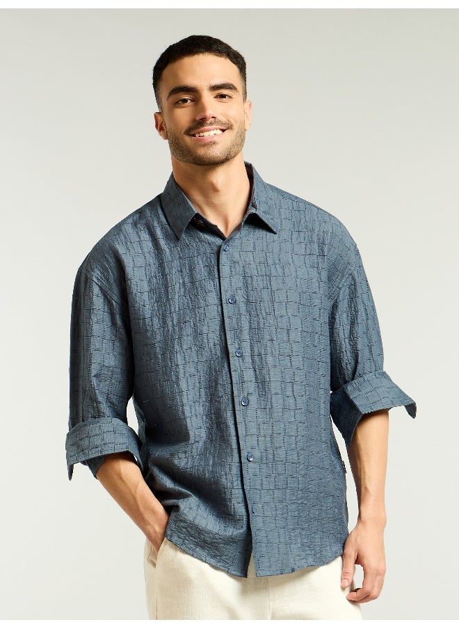 Beyoung Airforce Blue Textured Jacquard Shirt  - Image 4