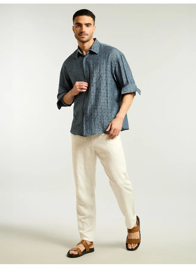 Beyoung Airforce Blue Textured Jacquard Shirt
